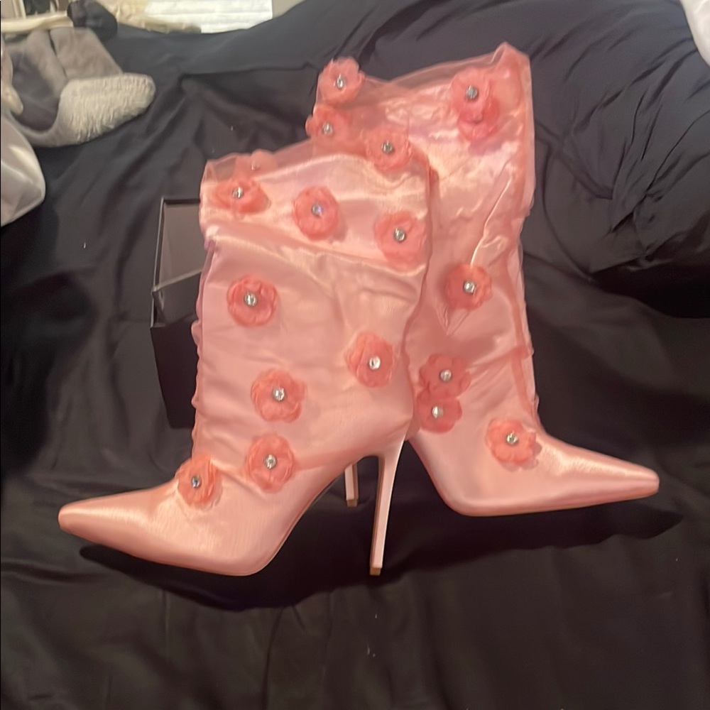 AKIRA Pink Floral Heeled Boots